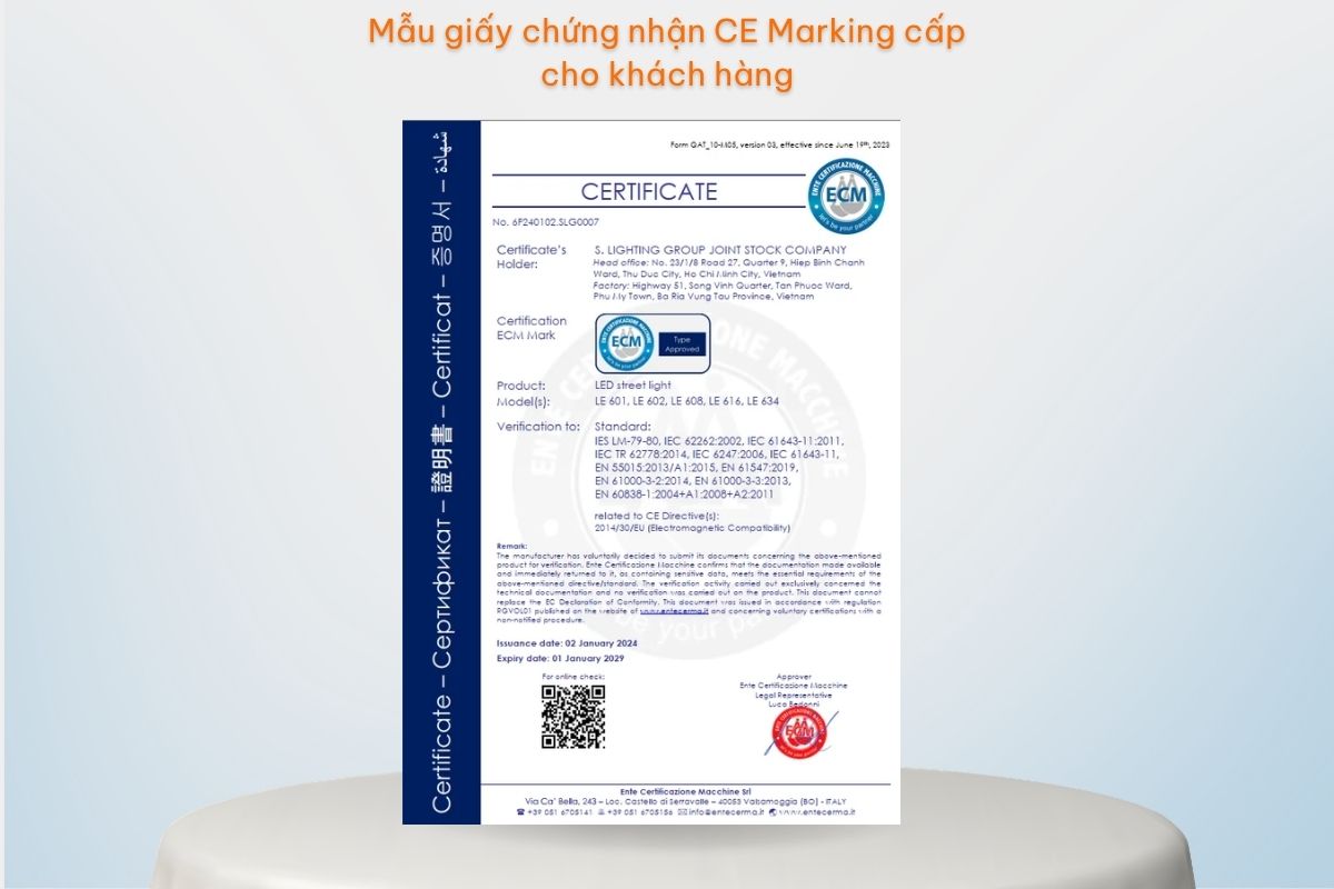 Mẫu giấy chứng nhận CE Marking xuất khẩu Châu Âu