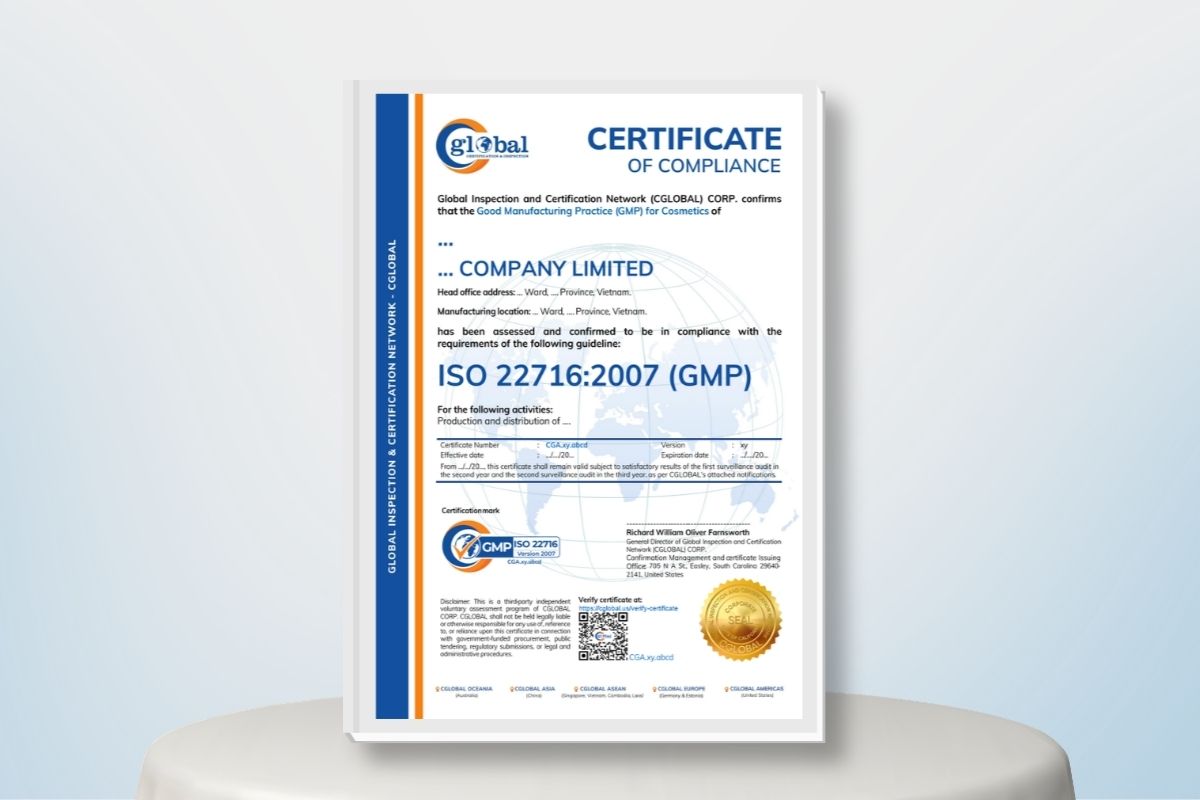 Mẫu giấy chứng nhận ISO 22716 tại CGLOBAL