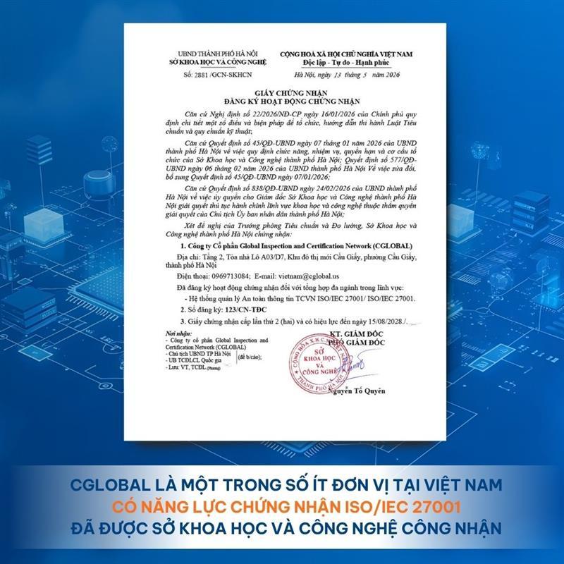 Cglobal được cấp phép hoạt động chứng nhận ISO 27001