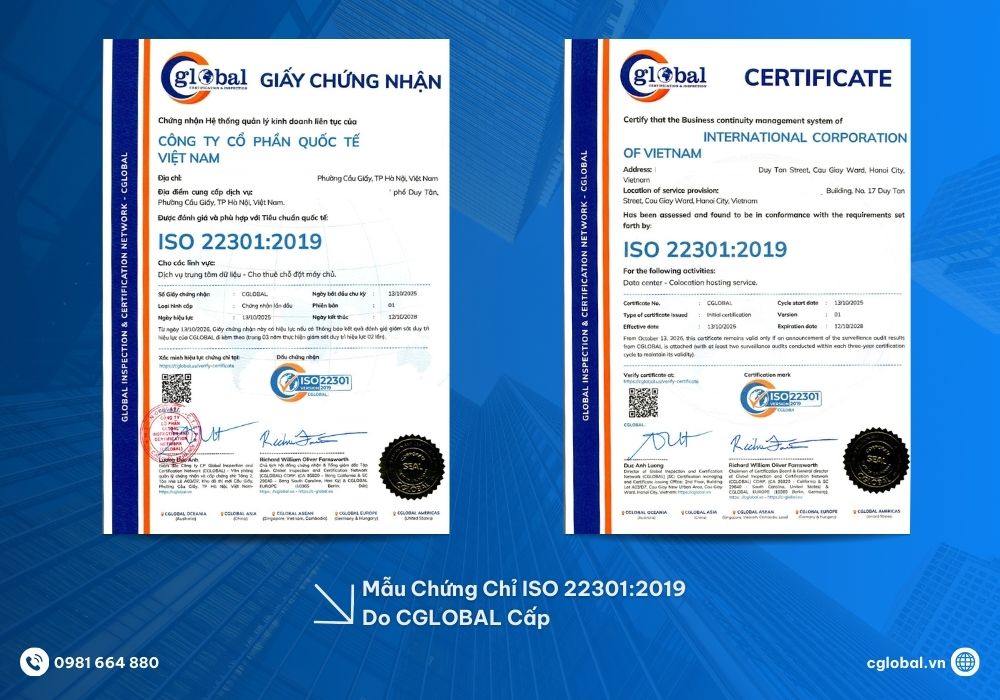 Mẫu chứng chỉ ISO 22301:2019 do CGLOBAL cấp cho khách hàng