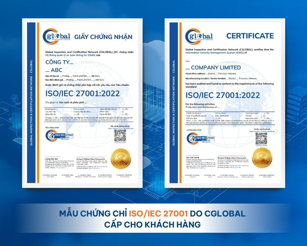 Mẫu giấy chứng nhận ISO 27001 Cglobal cấp cho khách hàng